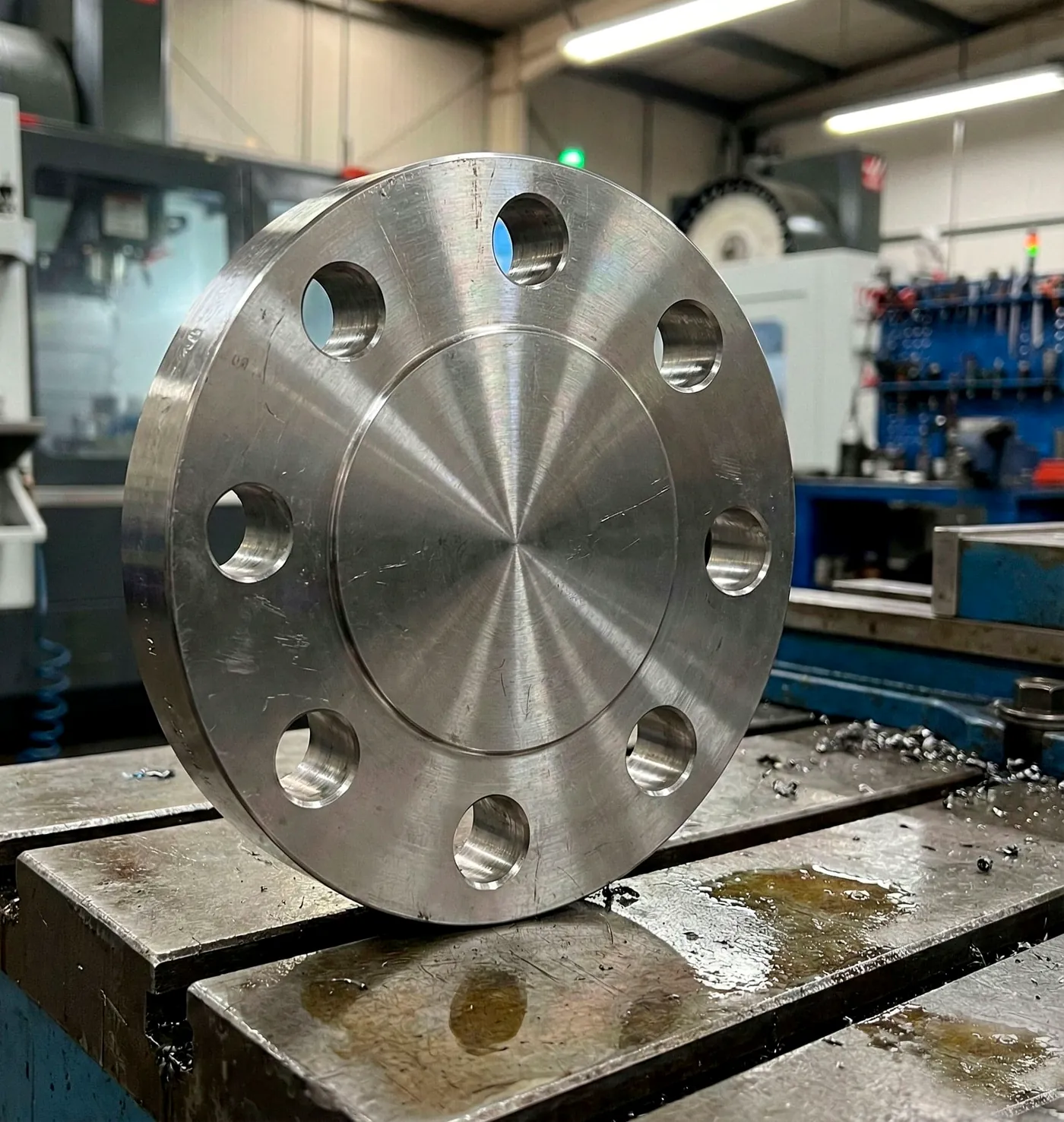 Flange cego forjado em aço inox sobre a bancada da usinagem